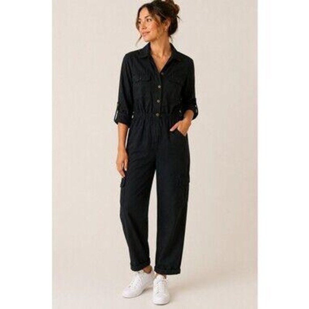Zara Black Utility Cargo Jumpsuit Boiler Roll Tab Sleeve One-Piece Gorpcore XS